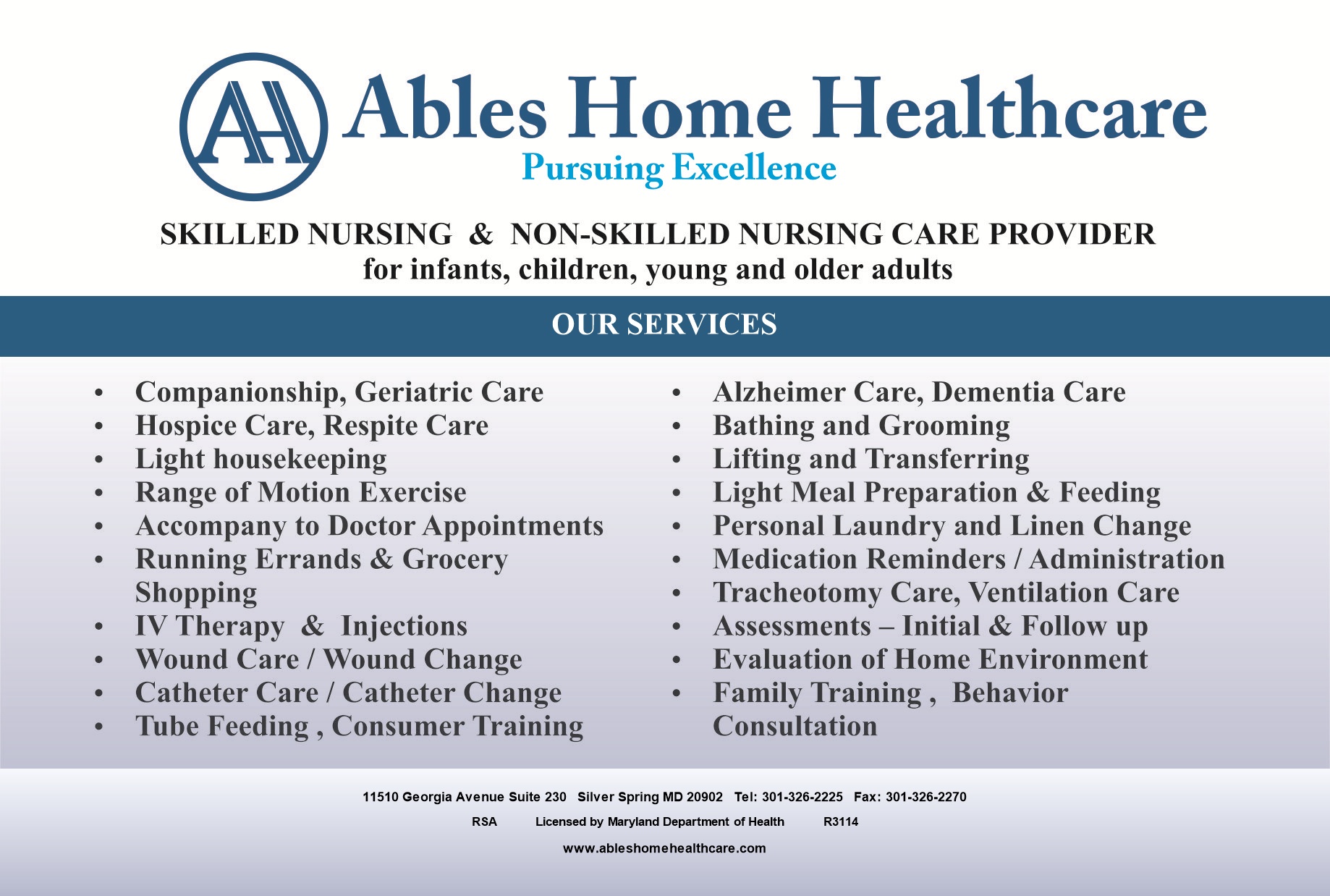 Ables Home Healthcare postcard, front: services, skilled and non-skilled nursing care