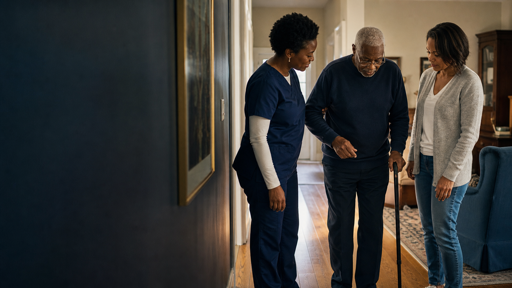 Caregiver assisting an older adult safely at home