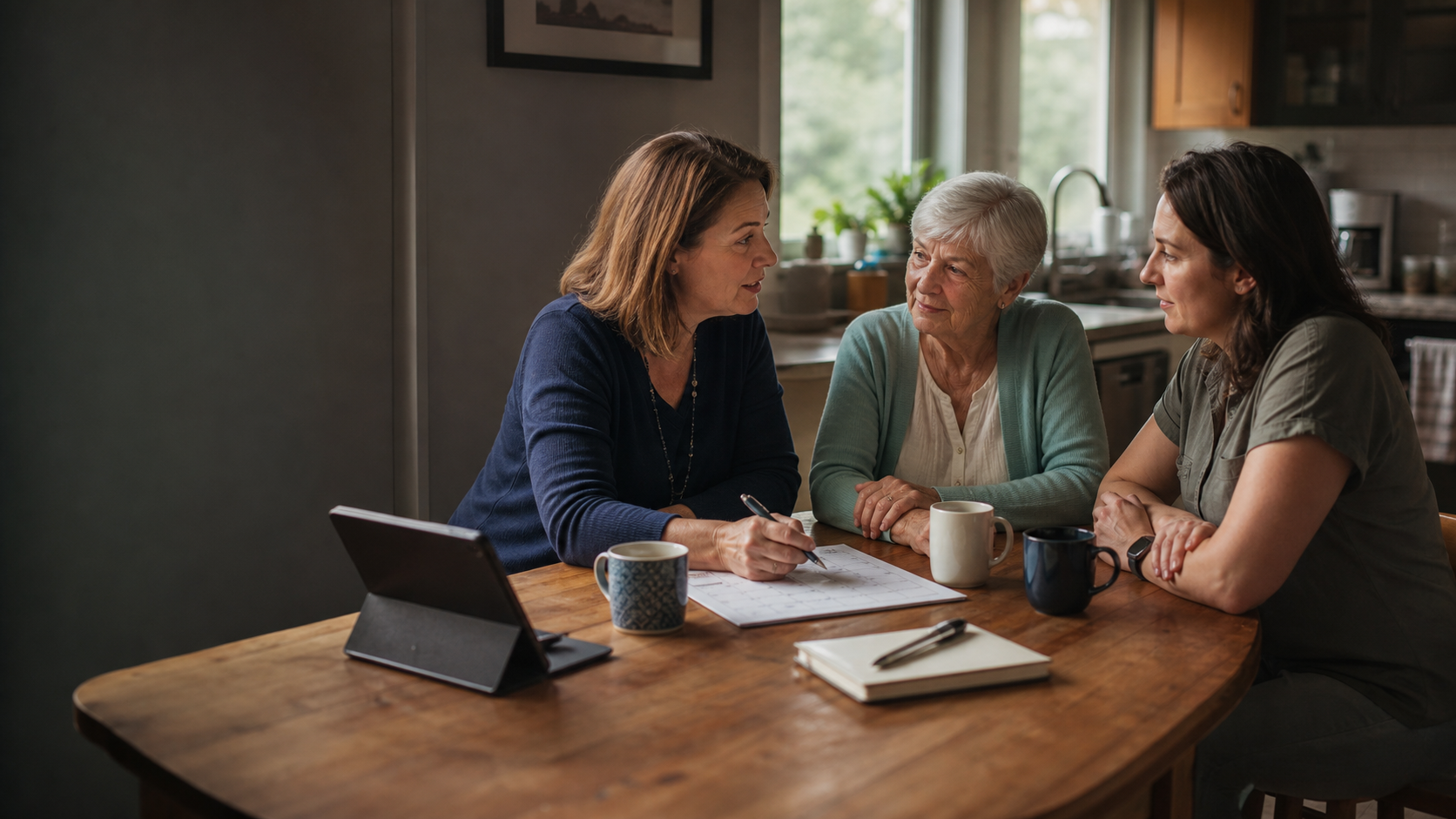 Home care consultation at a kitchen table