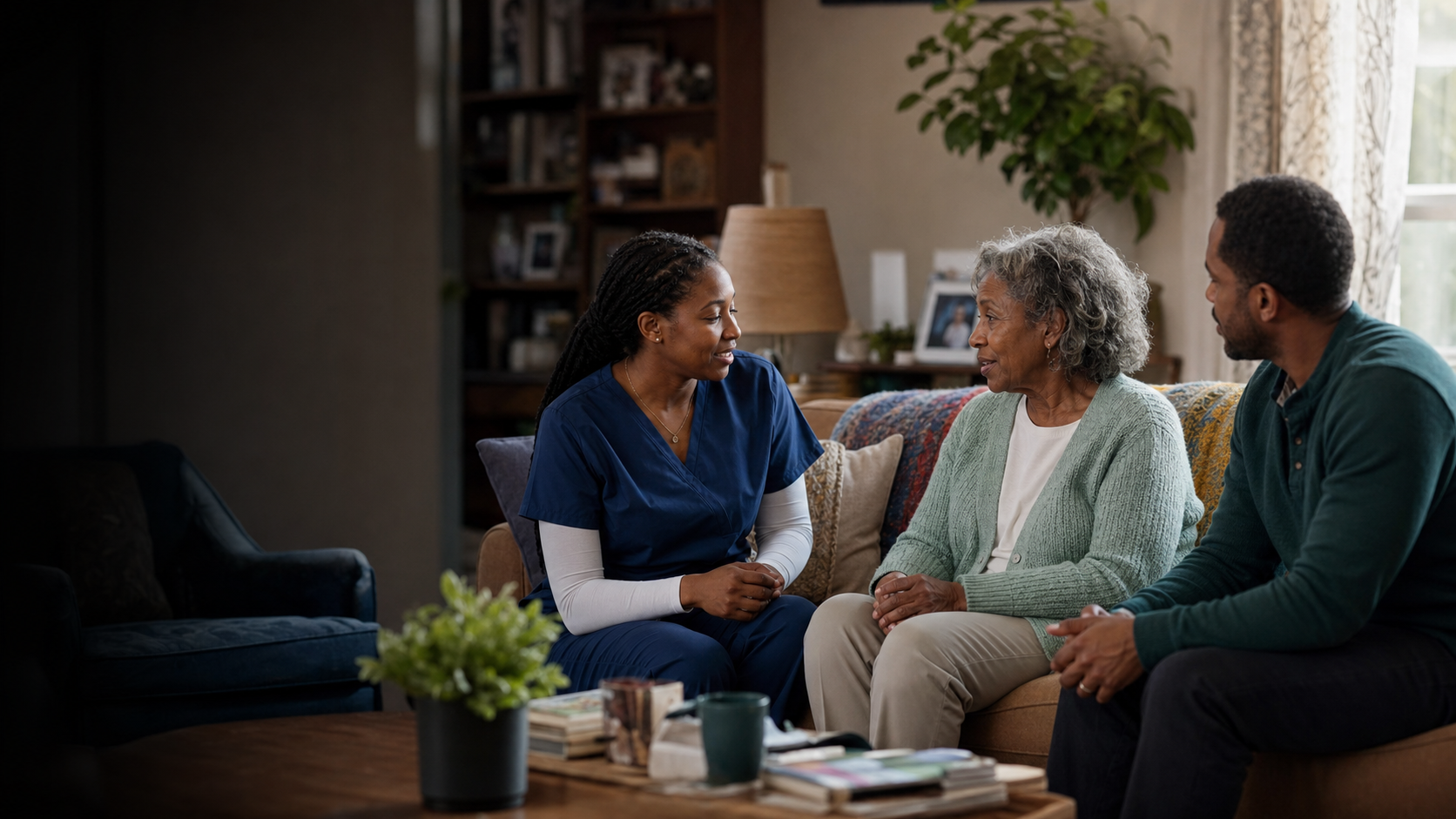 A caregiver talking with an older adult and a family member in a bright living room