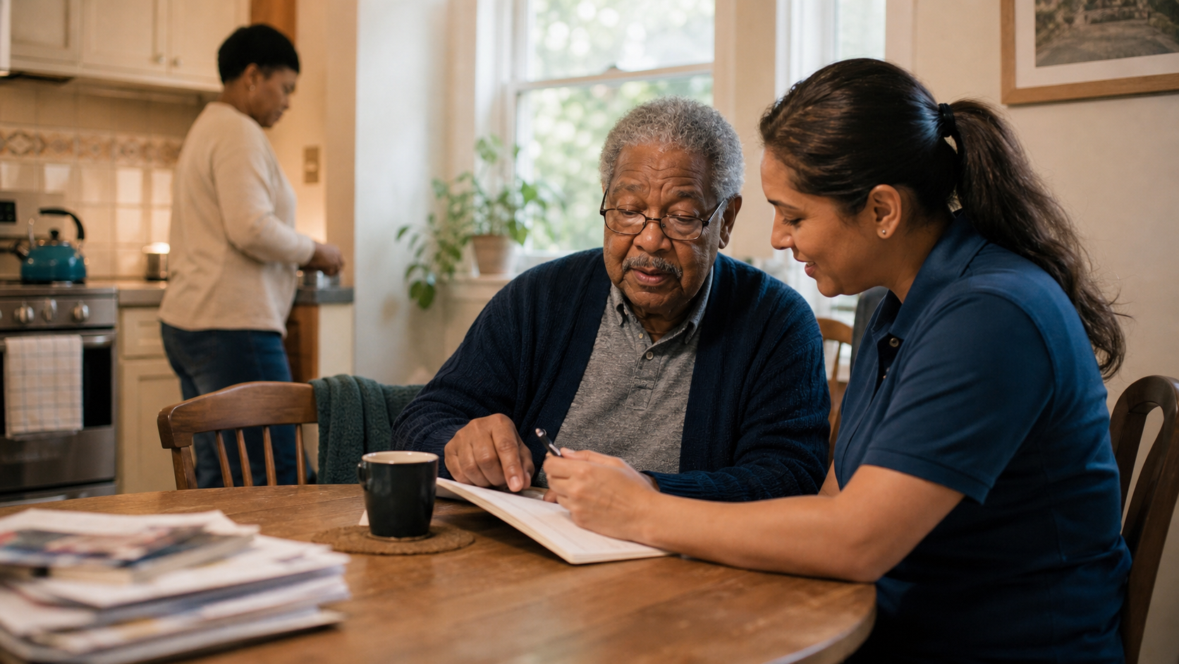 Caregiver reviewing daily routine notes with a client